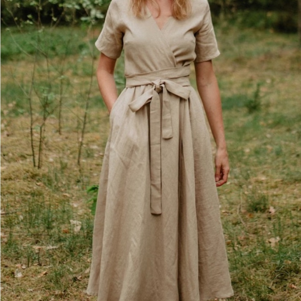 Mantaikotai Beige Lisbon Linen Wrap Dress Lisbon S